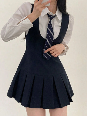 DAZY Women Solid Color Round Neck Casual Pleated Hem Pinafore Mini Dress