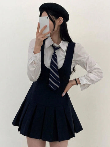 DAZY Women Solid Color Round Neck Casual Pleated Hem Pinafore Mini Dress