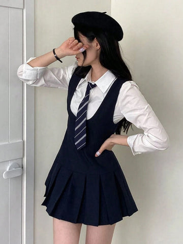 DAZY Women Solid Color Round Neck Casual Pleated Hem Pinafore Mini Dress