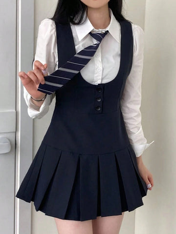 DAZY Women Solid Color Round Neck Casual Pleated Hem Pinafore Mini Dress