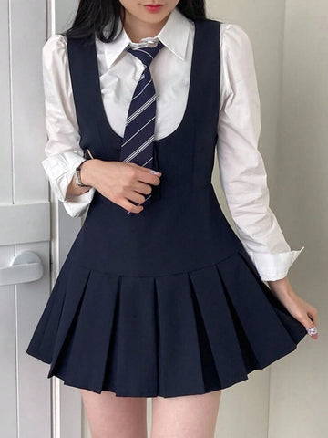 DAZY Women Solid Color Round Neck Casual Pleated Hem Pinafore Mini Dress