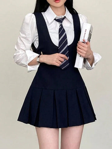 DAZY Women Solid Color Round Neck Casual Pleated Hem Pinafore Mini Dress