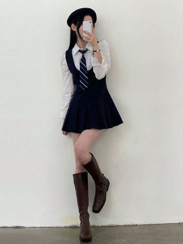 DAZY Women Solid Color Round Neck Casual Pleated Hem Pinafore Mini Dress