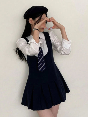 DAZY Women Solid Color Round Neck Casual Pleated Hem Pinafore Mini Dress