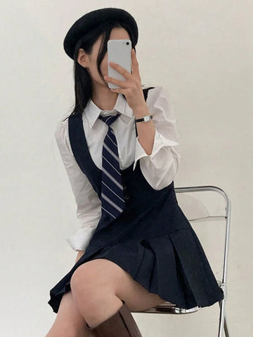 DAZY Women Solid Color Round Neck Casual Pleated Hem Pinafore Mini Dress