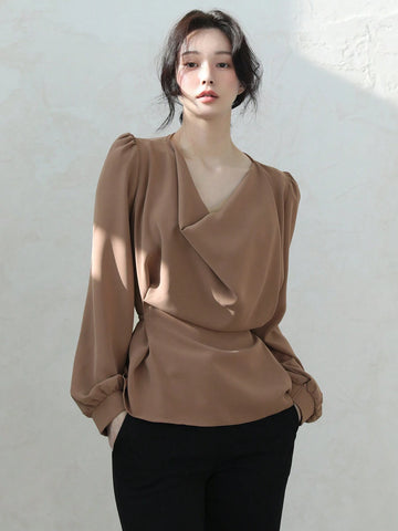 DAZY Women Solid Color Round Neck Cinched Waist Long Sleeve Shirt, Casual Everyday Wear