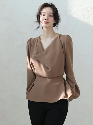 DAZY Women Solid Color Round Neck Cinched Waist Long Sleeve Shirt, Casual Everyday Wear