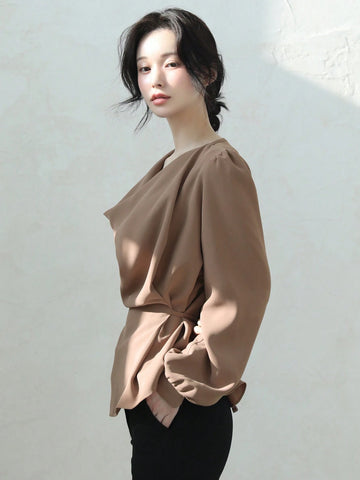 DAZY Women Solid Color Round Neck Cinched Waist Long Sleeve Shirt, Casual Everyday Wear