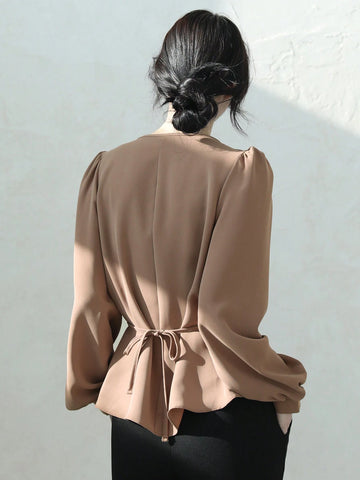 DAZY Women Solid Color Round Neck Cinched Waist Long Sleeve Shirt, Casual Everyday Wear