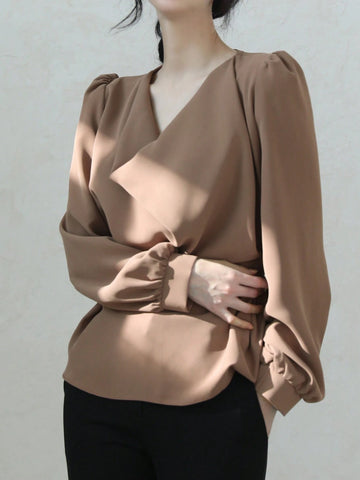 DAZY Women Solid Color Round Neck Cinched Waist Long Sleeve Shirt, Casual Everyday Wear