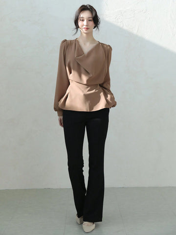 DAZY Women Solid Color Round Neck Cinched Waist Long Sleeve Shirt, Casual Everyday Wear