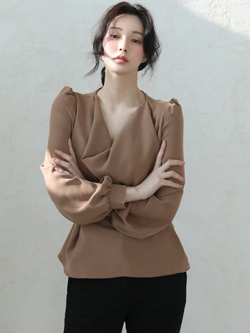 DAZY Women Solid Color Round Neck Cinched Waist Long Sleeve Shirt, Casual Everyday Wear