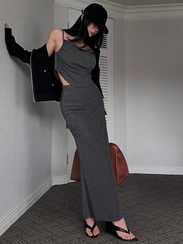 DAZY Women Solid Color Slim Fit Camisole Top And Skirt Set