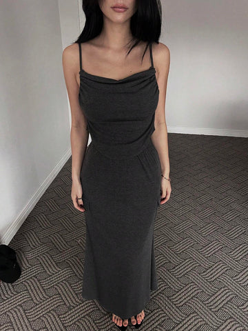 DAZY Women Solid Color Slim Fit Camisole Top And Skirt Set