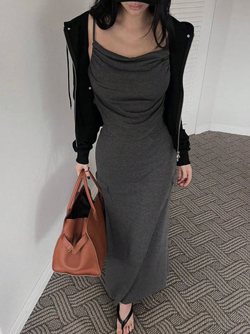 DAZY Women Solid Color Slim Fit Camisole Top And Skirt Set