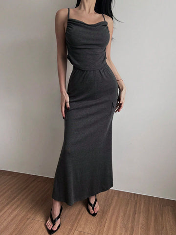 DAZY Women Solid Color Slim Fit Camisole Top And Skirt Set