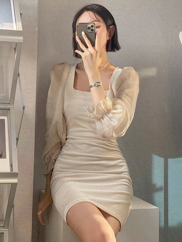 DAZY Women Solid Color Square Neckline Pleated Dress