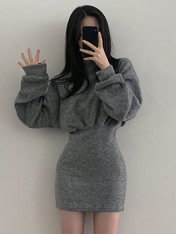 DAZY Women Solid Color Stand Collar Long Sleeve Short Bodycon Knit Dress