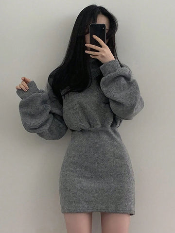 DAZY Women Solid Color Stand Collar Long Sleeve Short Bodycon Knit Dress