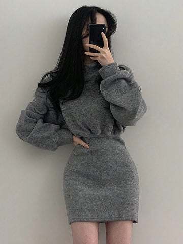 DAZY Women Solid Color Stand Collar Long Sleeve Short Bodycon Knit Dress