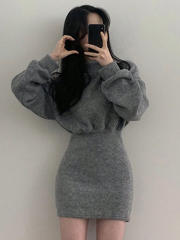 DAZY Women Solid Color Stand Collar Long Sleeve Short Bodycon Knit Dress