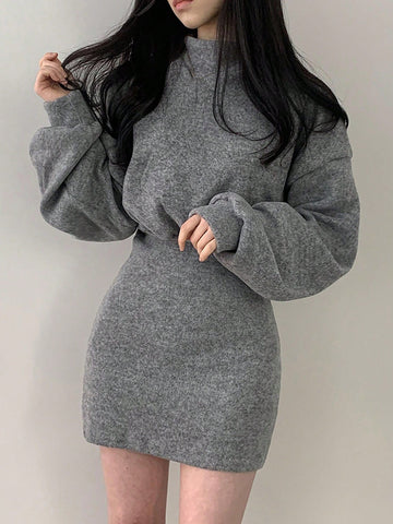 DAZY Women Solid Color Stand Collar Long Sleeve Short Bodycon Knit Dress
