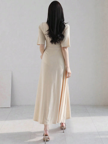DAZY Women Solid Color Tie-Belted Elegant Dress With Waistline