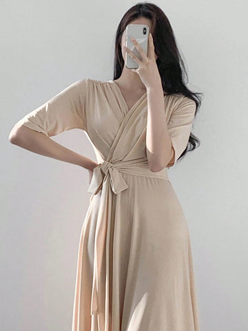 DAZY Women Solid Color Tie-Belted Elegant Dress With Waistline