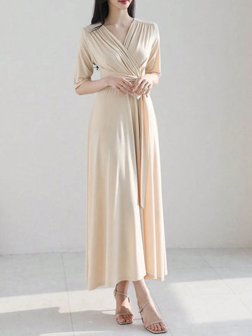 DAZY Women Solid Color Tie-Belted Elegant Dress With Waistline
