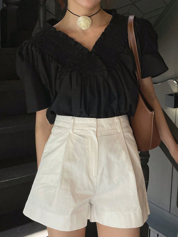 DAZY Women Solid Color V-Neck Loose Short-Sleeved Shirt