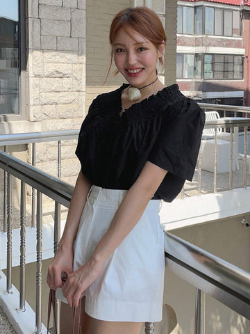 DAZY Women Solid Color V-Neck Loose Short-Sleeved Shirt