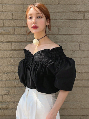 DAZY Women Solid Color V-Neck Loose Short-Sleeved Shirt