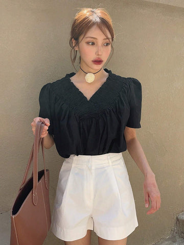 DAZY Women Solid Color V-Neck Loose Short-Sleeved Shirt