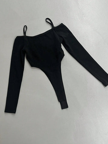 Spaghetti Strap Backless Long Sleeve Solid Color Simple Fashionable Casual Elegant T-Shirt