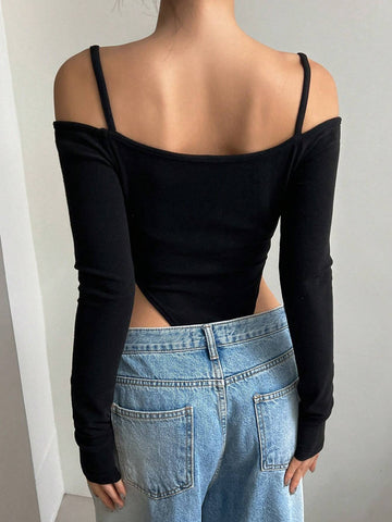 Spaghetti Strap Backless Long Sleeve Solid Color Simple Fashionable Casual Elegant T-Shirt
