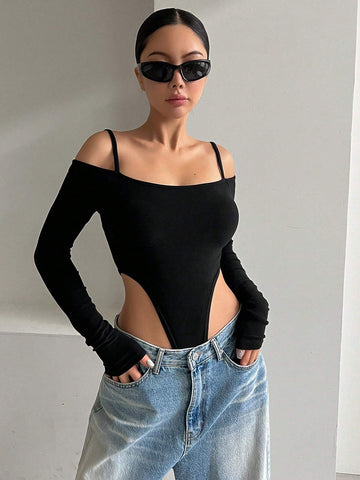 Spaghetti Strap Backless Long Sleeve Solid Color Simple Fashionable Casual Elegant T-Shirt
