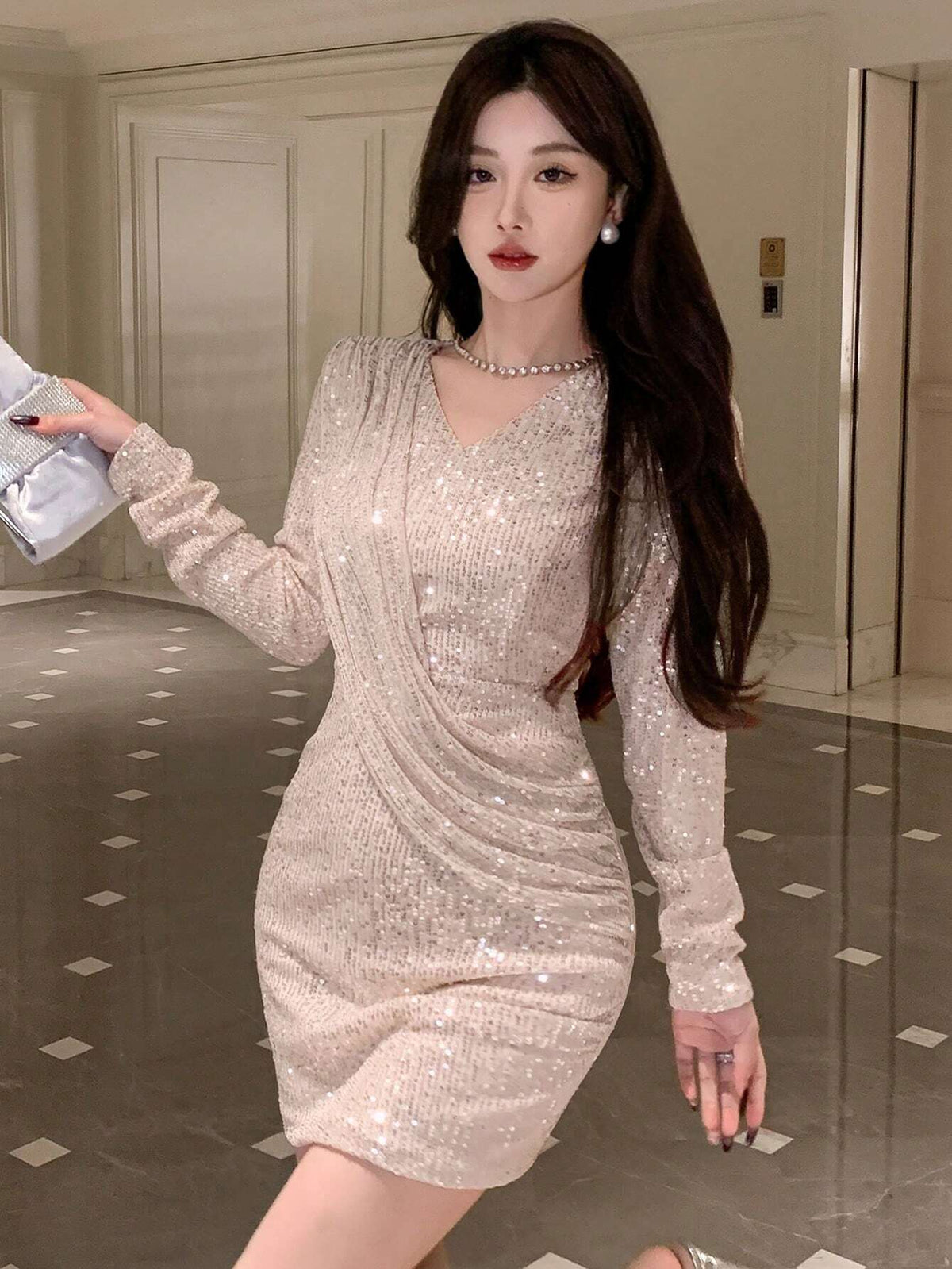 DAZY Women Sparkly Bodycon Long Sleeve Dress For Spring/Summer