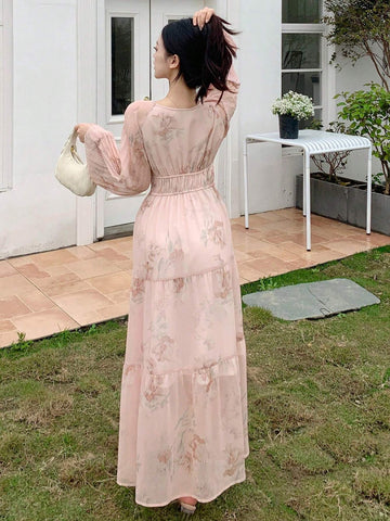 DAZY Women Spring/Summer Floral Print Front Tie Deep V-Neck Long Sleeve Dress