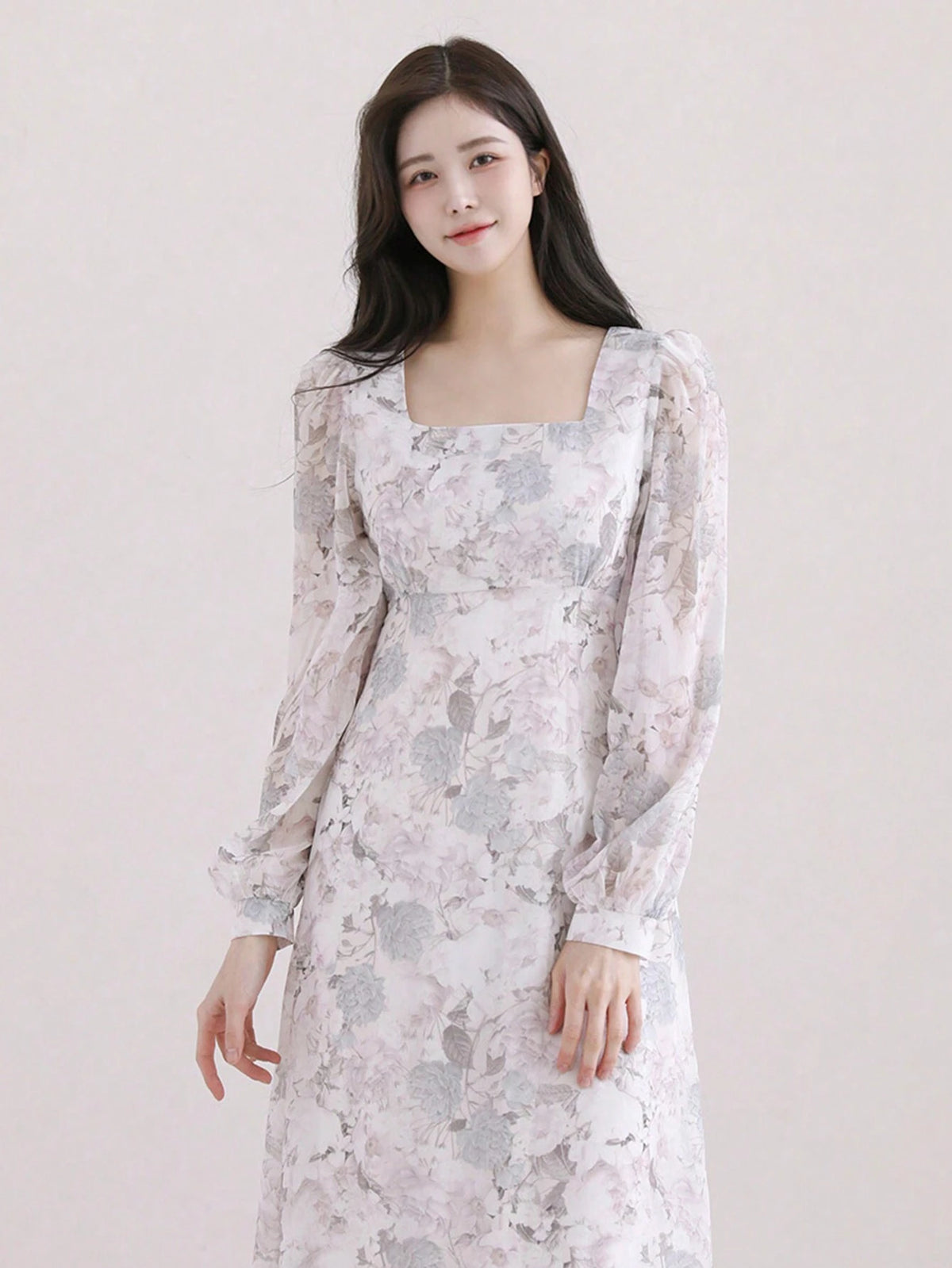DAZY Women Spring/Summer Long Elegant Dress With Floral Print, Square Neckline And Lantern Sleeves
