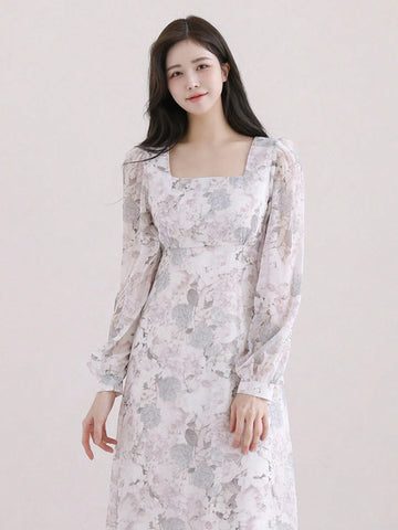 DAZY Women Spring/Summer Long Elegant Dress With Floral Print, Square Neckline And Lantern Sleeves