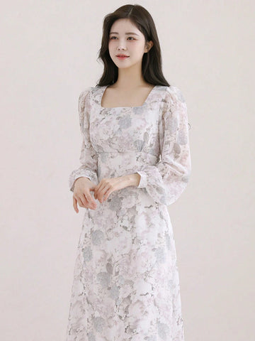 DAZY Women Spring/Summer Long Elegant Dress With Floral Print, Square Neckline And Lantern Sleeves