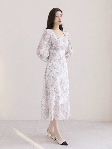 DAZY Women Spring/Summer Long Elegant Dress With Floral Print, Square Neckline And Lantern Sleeves