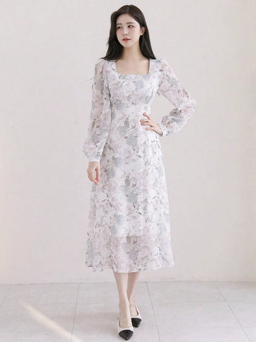 DAZY Women Spring/Summer Long Elegant Dress With Floral Print, Square Neckline And Lantern Sleeves