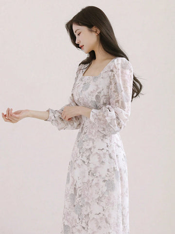 DAZY Women Spring/Summer Long Elegant Dress With Floral Print, Square Neckline And Lantern Sleeves