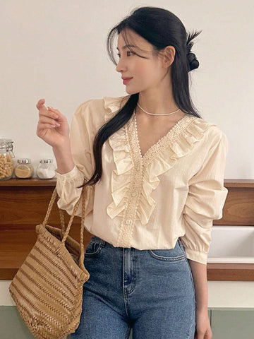 DAZY Women Spring/Summer Loose Casual Shirt With Lace Patchwork And Ruffled Hem