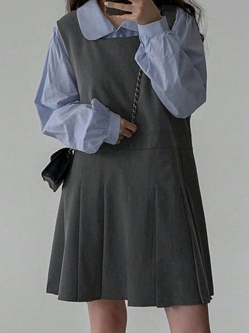 DAZY Women Square Neck Casual Everyday Wear Suspender Short Pleated Dress