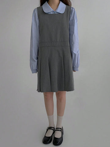 DAZY Women Square Neck Casual Everyday Wear Suspender Short Pleated Dress