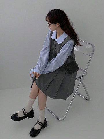 DAZY Women Square Neck Casual Everyday Wear Suspender Short Pleated Dress