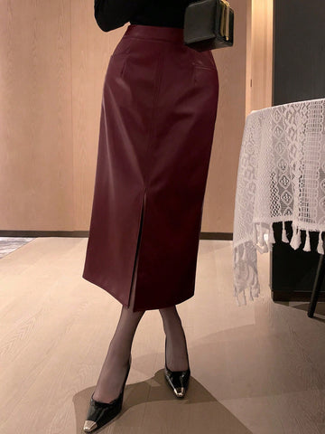 DAZY Women Straight Fitted PU Pencil Skirt, Minimalist And Fashionable For Casual Daily Wear Valentine Valentine's Day