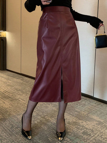 DAZY Women Straight Fitted PU Pencil Skirt, Minimalist And Fashionable For Casual Daily Wear Valentine Valentine's Day